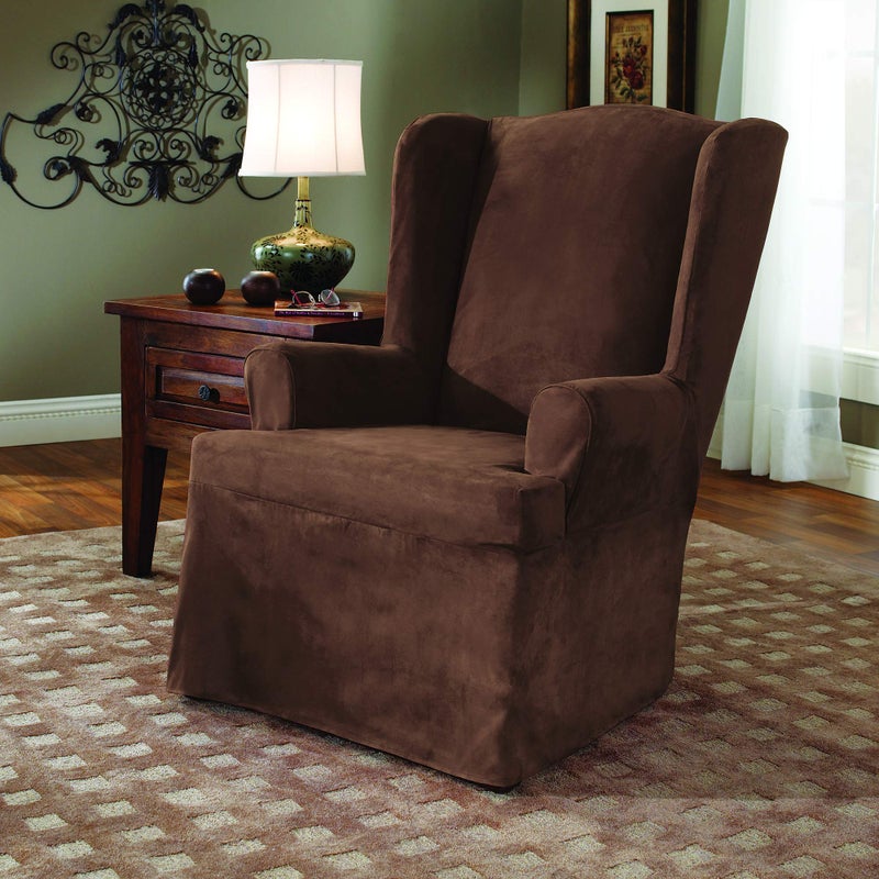 Surefit SURE FIT Soft Suede T-Cushion Wing Chair One Piece Slipcover, Relaxed Fit, Polyester, Machine Washable, Chocolate Color - Image 2